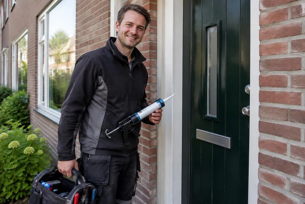 Vakman van Kitbedrijf Heerde bij de voordeur van een woning